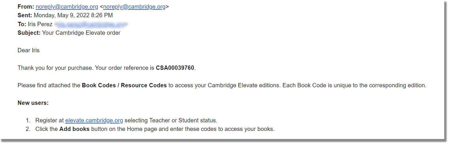 Code activation instruction E-Mail
