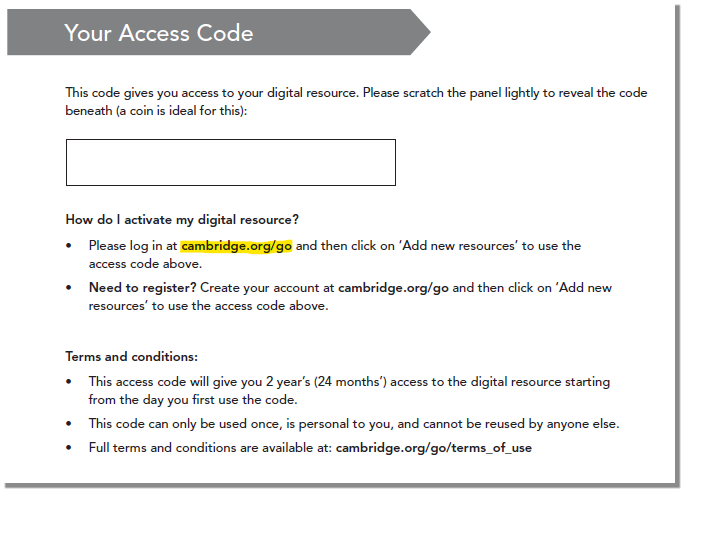 Access code print in book